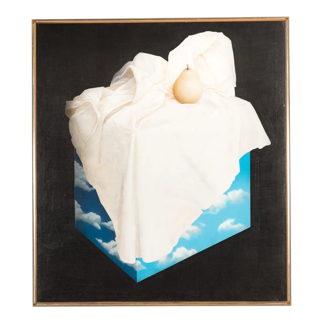 Charley Brown -Pear on a Cube of Clouds in the Sky " Surrealistic Still Life Oil Painting For Sale