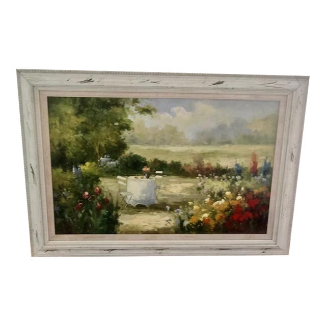 Romantic Garden Landscape in Distressed White Frame - Unknown Artist For Sale