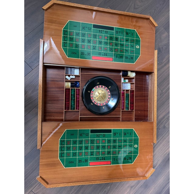 Wood Italian Octagonal Multi-Game Table With 4 Chairs, Inlaid Wood, Chess, Backgammon & Roulette, 1980s For Sale - Image 7 of 10