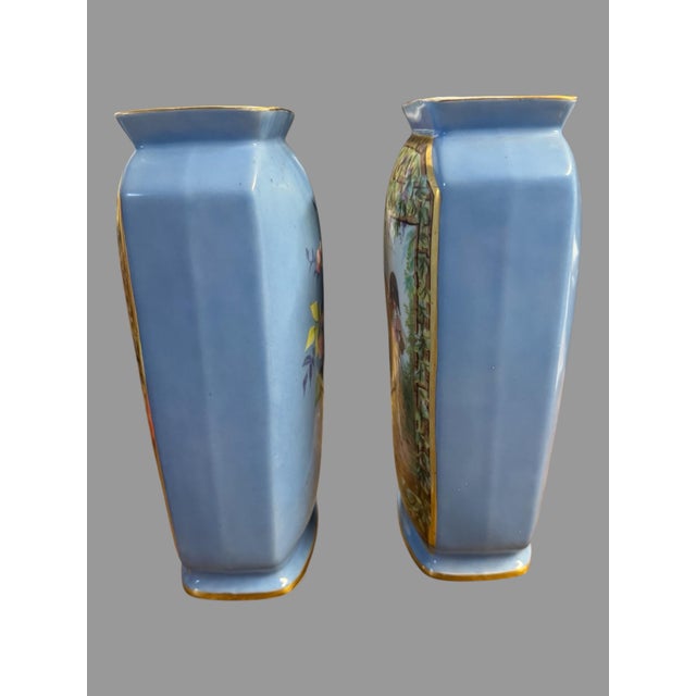 Blue Antique Old Paris Porcelain Pair Vases Hand Painted Figural Scenes Blue Gilt 11” For Sale - Image 8 of 11