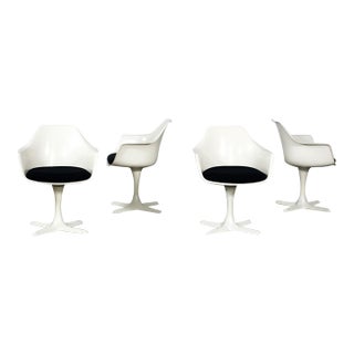 Mid-20th Century Mid Century Modern Burke Tulip Swivel No 116 Armchairs White Shell Black Cushions Set of 4 For Sale