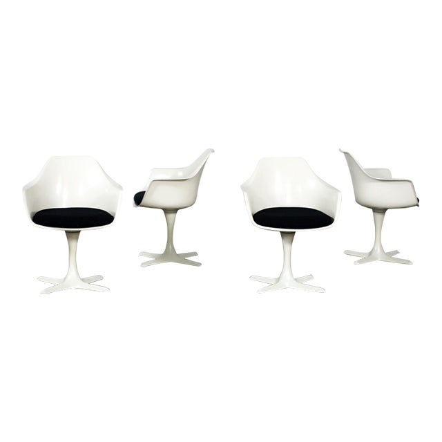 Mid-20th Century Mid Century Modern Burke Tulip Swivel No 116 Armchairs White Shell Black Cushions Set of 4 For Sale