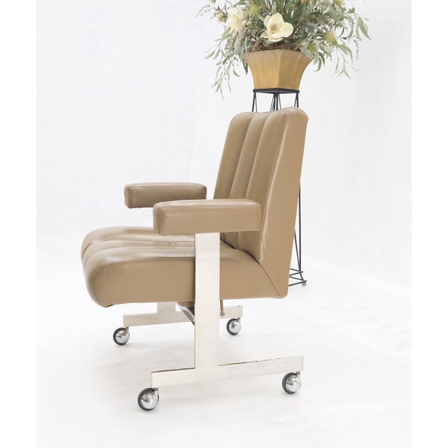 Rare Vladimir Kagan Leather Ribbed Style Upholstery Heavy Stainless Base Desk Chair