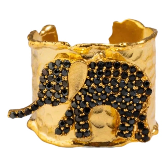 Guardian Black Elephant Gold Cuff Adjustable Ring, Size 4 For Sale