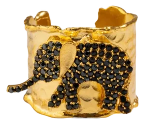 Guardian Black Elephant Gold Cuff Adjustable Ring, Size 4