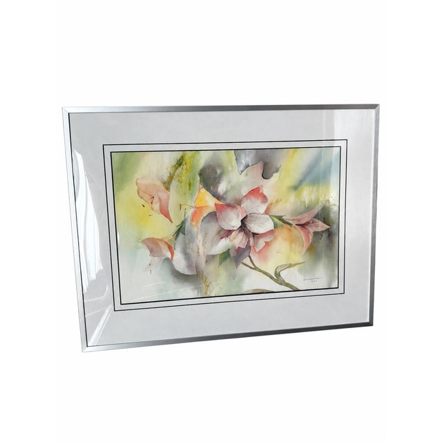 1989 Signed Abstract Floral Watercolor in New Silver-Tone Frame For Sale - Image 12 of 16