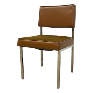 Vintage Industrial Steel Toned Dining Chair - Brown Seat & Brown Vinyl Like Back For Sale