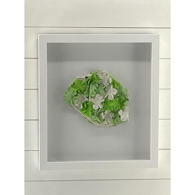 Framed green and white swim cap coastal wall decor. Professionally framed in a all wood custom made shadow box frame with...