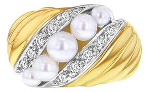 Pearl Diamond Statement Ring 14k Yellow Gold, Size 7