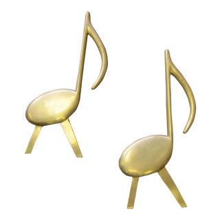 1940s Mid Century Modern Solid Brass Musical Note Andirons - a Pair For Sale