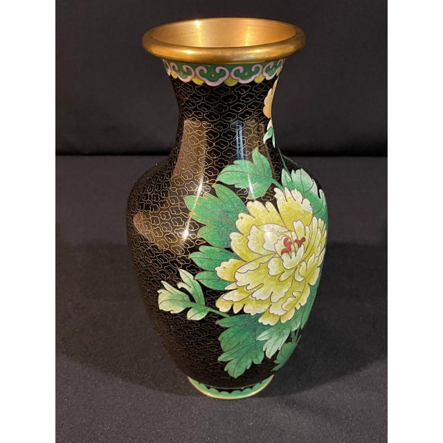 Japanese Mid Twentieth Century Handmade Cloisonné Vase With Peony and Bird Motif For Sale - Image 3 of 11