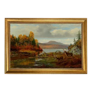 Deer in Autumn Landscape Framed 15x23.5" Oil Painting Print on Canvas