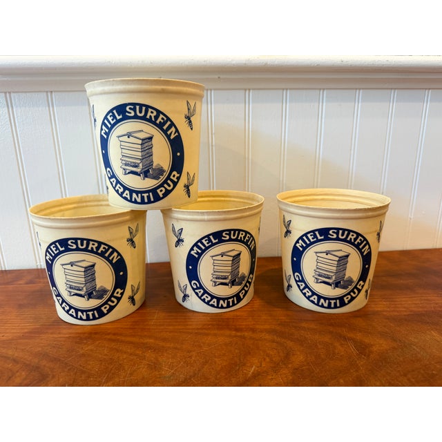 1970s French "Miel Surfin" Wax-Coated Honey Pots – Set of 4 – New Old Stock – Blue & Cream Beehive Containers For Sale - Image 9 of 13