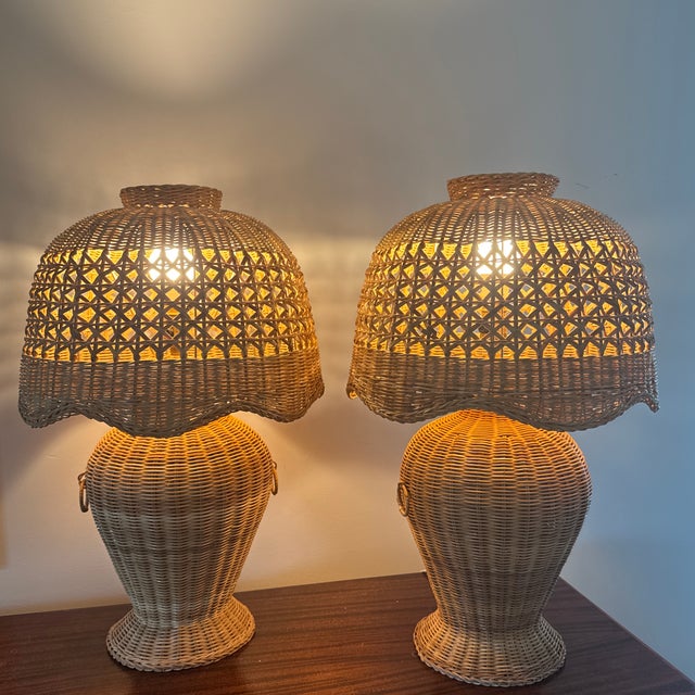 Vintage Wicker Urn Table Lamps With Rattan Shades a Pair For Sale - Image 10 of 12