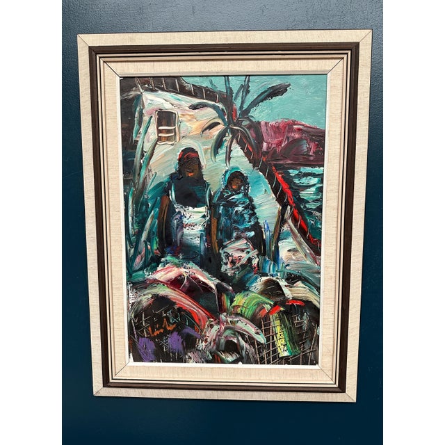 Original swedish oil on canvas – “villagers ii ” by eric lo – signed – vintage & framed – 82 × 62 cm (32.3" × 24.4") incl....
