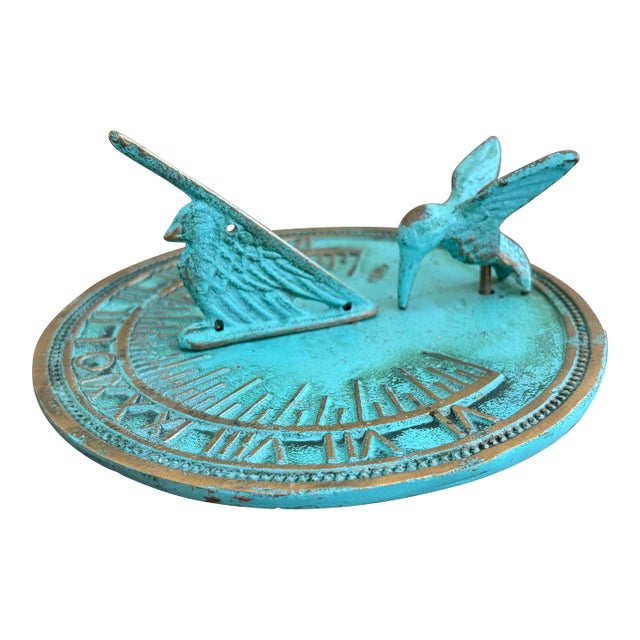 Vintage English Country Iron Verdigris Garden Sundial With Hummingbird For Sale
