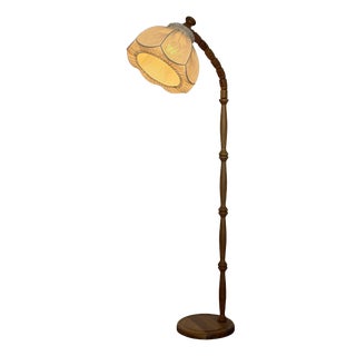 Mid-Century Modern Swedish Turned Pine Floor Lamp with Swan-Neck Arm, 1970s For Sale