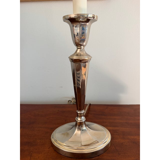 Pair of Silver Plate Candlestick Buffet Table Lamps For Sale - Image 11 of 12