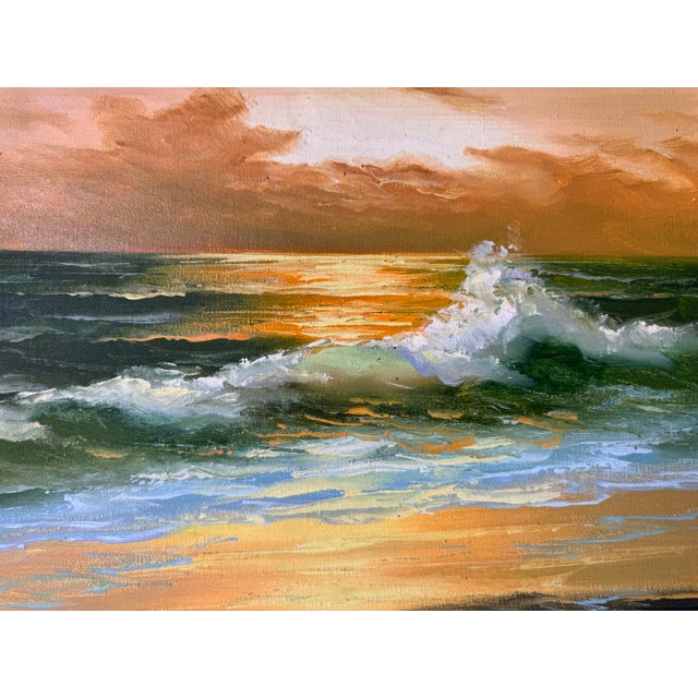 1980’s Vintage Sunset Ocean Landscape Oil on Canvas Painting – Unsigned For Sale - Image 4 of 11