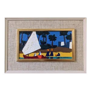 Mid-Century Modern Swedish "Seaside" Vintage Coastal Landscape Oil Painting, Framed
