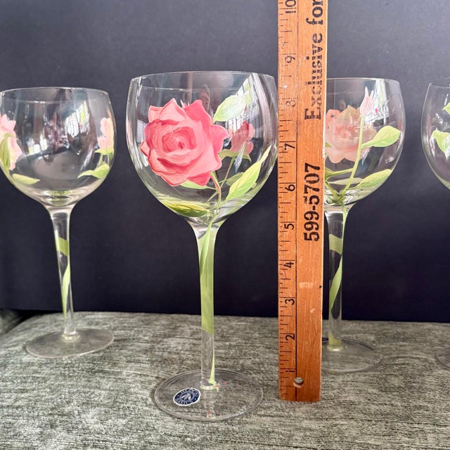 Pink Vintage Rose Balloon Wine Glasses Hand-Painted Style Pink Roses - Set of 4 For Sale - Image 8 of 8