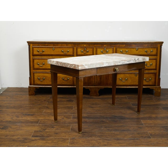 Wood French 19th Century Walnut Table with Marble Top, Single Drawer and Tapered Legs For Sale - Image 7 of 10