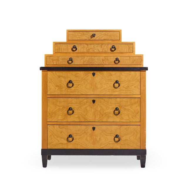 Baker Furniture Biedermeier Style Burlwood Highboy Dresser This highboy measures: 38 wide x 19 deep x 49.5 inches high...