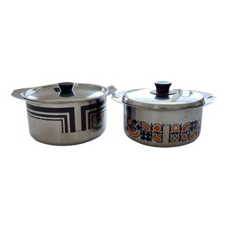 Orange and Brown Enameled Stainless Steel Pots from C&S of France, 1970s, Set of 2 For Sale