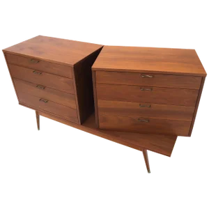 Three Pcs Mid-Century Modern Oiled Walnut Chest Dresser Credenza w/ Waive Pulls