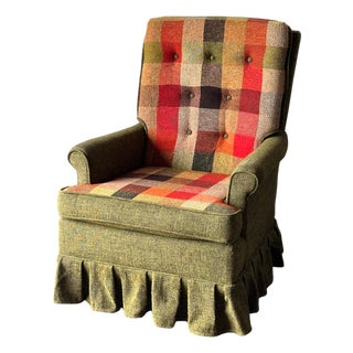 Olive Tweed Swivel Rocker With Patchwork Plaid Upholstery, 1970s For Sale