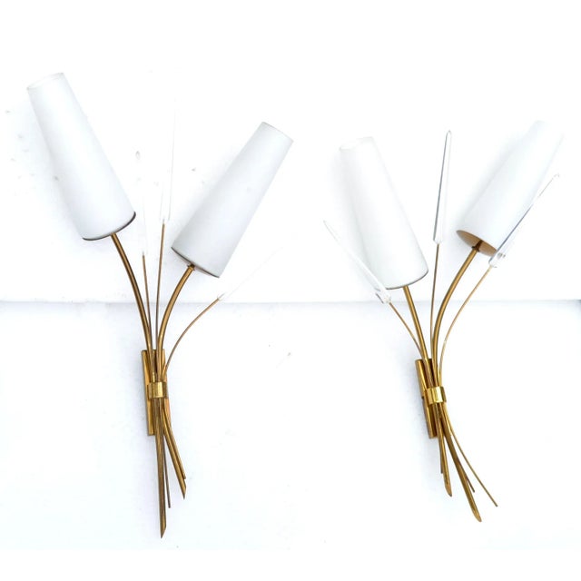 Maison Lunel 2-Light Sconce Faceted Lucite, Brass & Opaline Shade France, Pair For Sale In Miami - Image 6 of 13