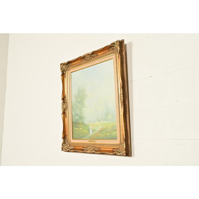 Abstract Original Artist Signed K. Kirum "Church in the Dale" Oil Painting in Carved Giltwood Frame For Sale - Image 3 of 16