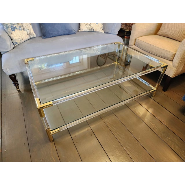 Gold Lucite Gold Metal Glass Tiered Cocktail Table For Sale - Image 8 of 12