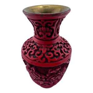 1950s Carved Chinese Cinnabar Lacquer Miniature Vase With Floral Motifs & Brass Rim