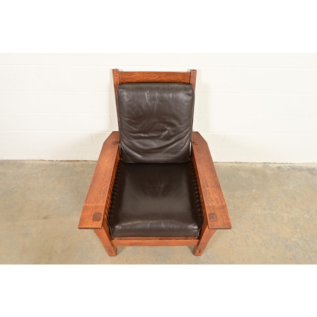 Late 20th Century Stickley Mission Oak Arts & Crafts Spindle Reclining Morris Lounge Chair For Sale - Image 5 of 12