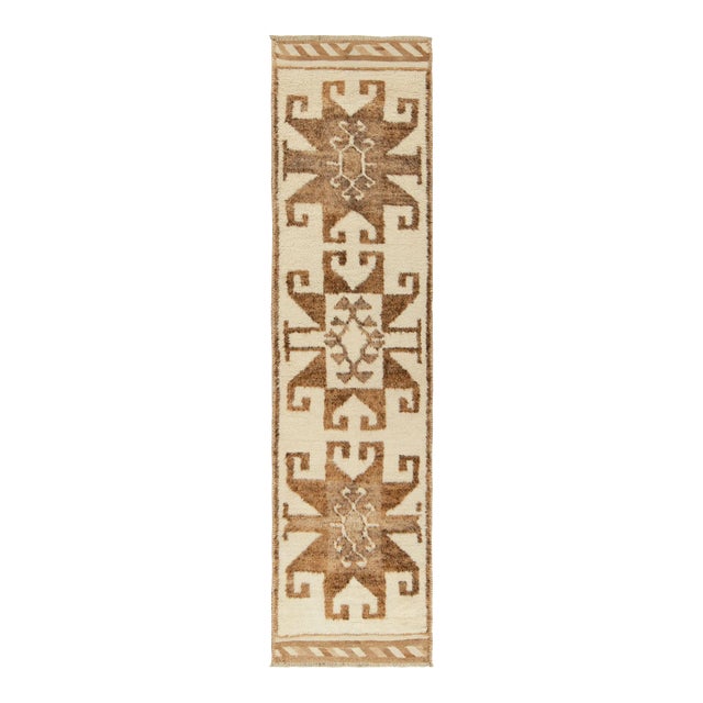 Vintage Tribal Runner in Beige-Brown Geometric Pattern, Medallion Style For Sale