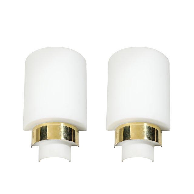 Pair of Mid-Century Modernist Minimal Frosted Glass & Brass Sconces For Sale - Image 4 of 13