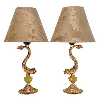 Dolphin Koi Fish Table Lamps in Brass and Marble, 1970s, Set of 2 For Sale