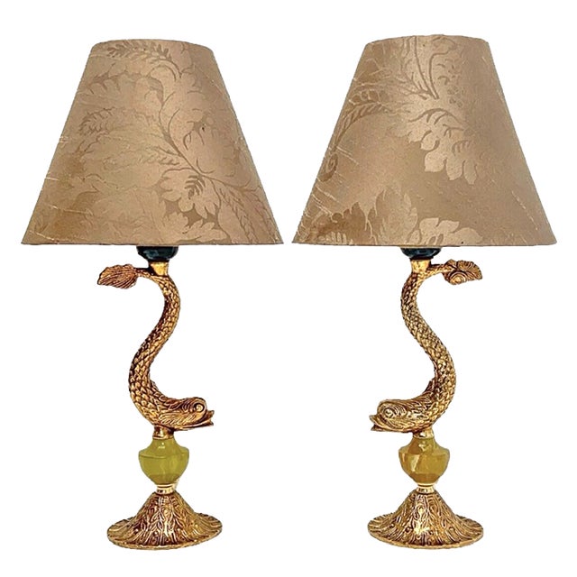 Dolphin Koi Fish Table Lamps in Brass and Marble, 1970s, Set of 2 For Sale