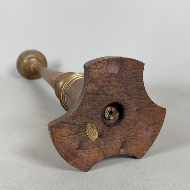 Antique Brass Candlestick with Wooden Base, 20th Century For Sale - Image 5 of 12