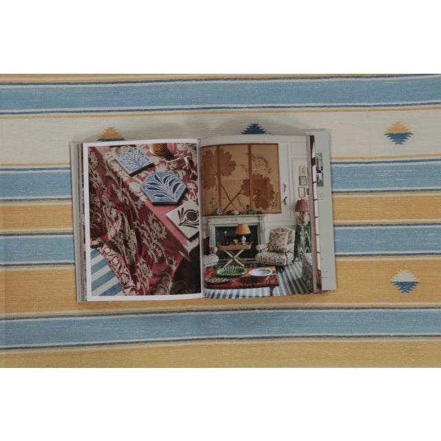 Blue Rug & Kilim’s Indian Dhurrie Rug in Blue, Gold and Ivory Geometric Stripes For Sale - Image 8 of 9