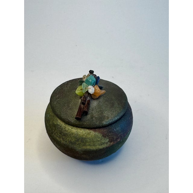 Contemporary Modern Asian Small Raku & Polished Stones Lidded Jar For Sale - Image 3 of 10