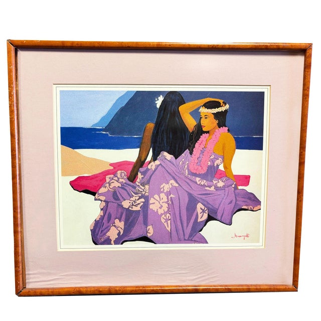 Textile 1980 "Wahine" & "Lei Wahine" Lithograph Prints by Luigi Fumagalli in Koa Frame, Pair For Sale - Image 7 of 11