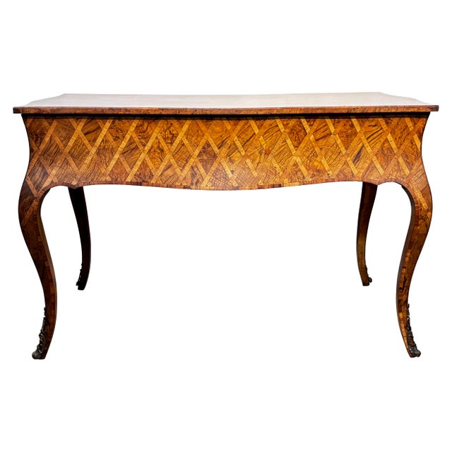 Wood Large Italian Parquetry Inlay Fruitwood Writing Table, Mid 20th Century For Sale - Image 7 of 7