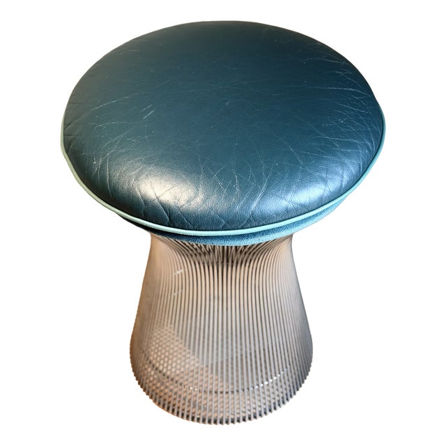 Silver Stool in Rolex Green Leather by Warren Platner for Knoll, 1960s For Sale