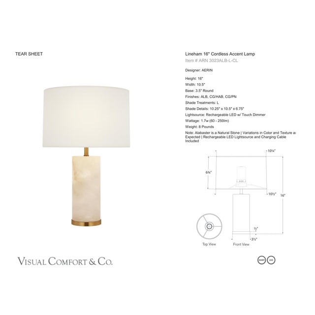AERIN by Visual Comfort Signature Lineham 16" Cordless Accent Lamp in Alabaster with Linen Shade Designer: AERIN Height:...