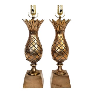 Solid Brass Pineapple Table Lamps - Pair - Mid Century Modern Palm Beach Boho Chic Hollywood Regency Bronze Color For Sale