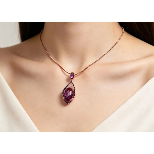 Contemporary Late 20th Century 18K Rose Gold Amethyst Ametrine Sapphire Diamond Pendant Necklace For Sale - Image 3 of 3