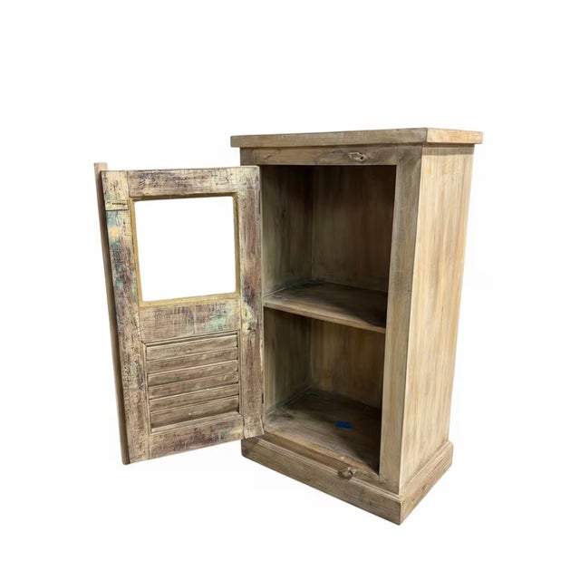 1990s Farmhouse Style Distressed Wood Narrow Cabinet With Glass | 24" Wide Rustic Cabinet For Sale In Houston - Image 6 of 9