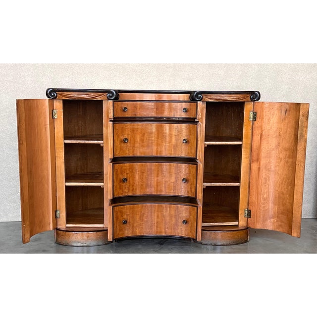 Early 20th Century Art Deco Demilune Burl Walnut and Ebonized Credenza with doors and drawers For Sale In Miami - Image 6 of 18